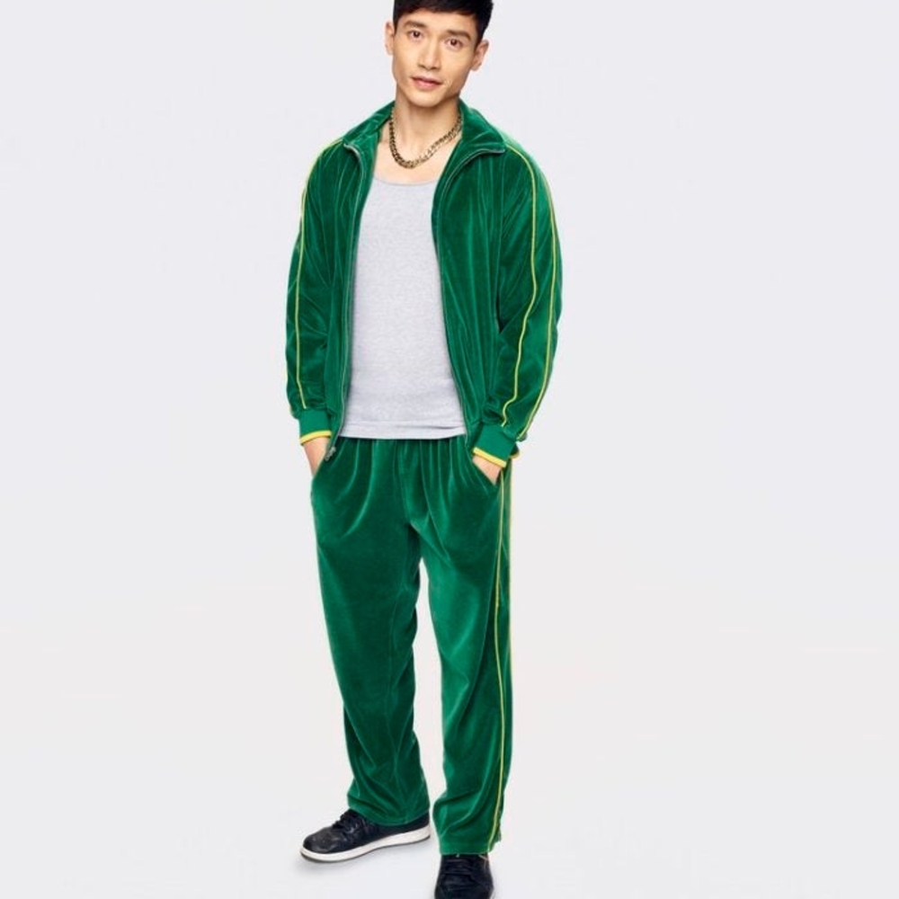 SWEATSEDO Green Velour Tracksuit with Yellow Stripes